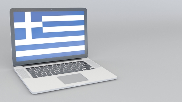 Opening and Closing Laptop with Flag of Greece on the Screen alt
