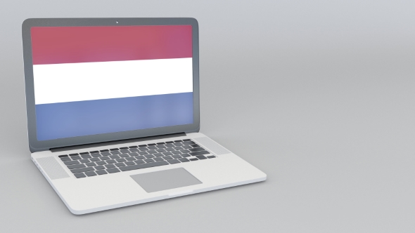 Opening and Closing Laptop with Flag of the Netherlands on the Screen alt