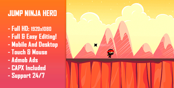 Jump Ninja Hero - gra HTML5 + wersja mobilna! (Construct 2 / Construct 3 / CAPX)