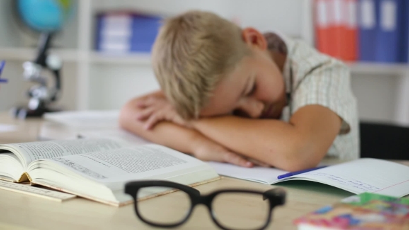 Schoolboy Was Tired and Fell Asleep at Desk at School