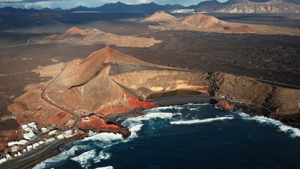 Flying Over Volcanic Lake El Golfo, Lanzarote, Canary Islands, Spain