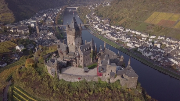 Flight over Cochem Castle in Germany