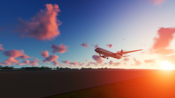 The Plane Landing to Westhampton in USA at Sunset