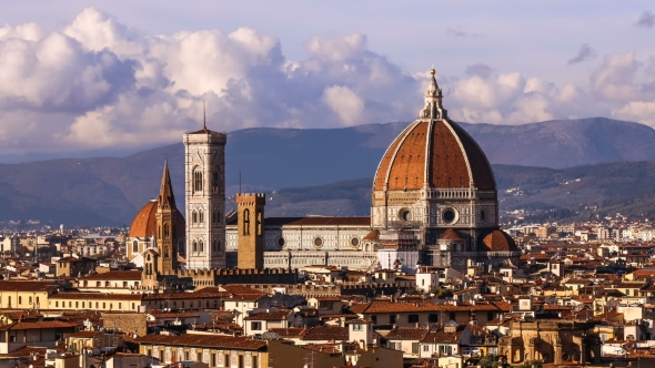 Beautiful Views of Florence and Cathedral Santa Maria Del Fiore, Evening, Florence, Italy. Clouds