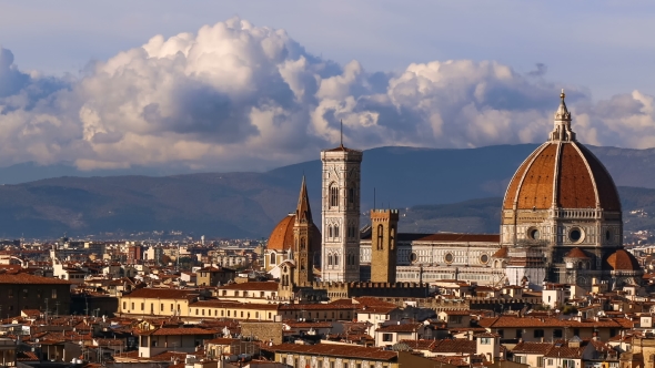 Florence and Cathedral Santa Maria Del Fiore, Evening, Florence, Italy. Cloudy