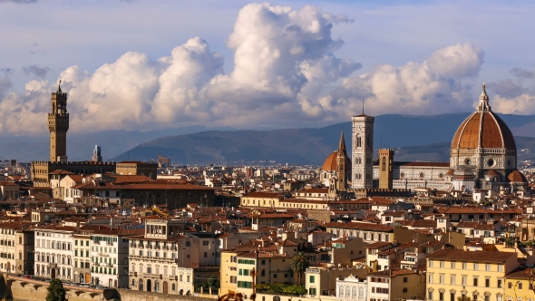  Florence and Cathedral Santa Maria Del Fiore, Florence, Italy. Cloudy Sky, .