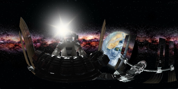 Astronaut and International Space Station Orbiting Earth in Virtual Reality alt