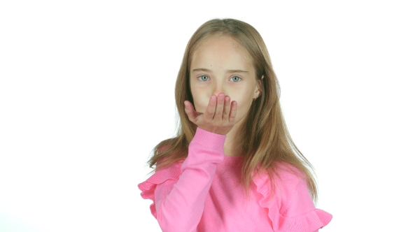 Child Sends an Air Kiss. White Background