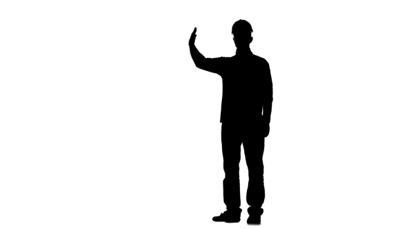 Engineer Speaks with the Builder About Loading the Materials. Silhouette. White Background alt