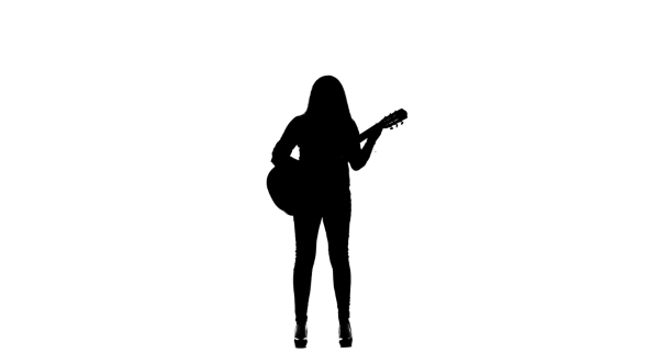 Girl Plays the Guitar and Sings. White Background. Silhouette