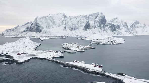 Drone footage of Reine during winter. Reine is a town in the Lofoten Islands, Norway.