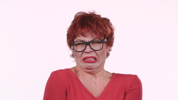 Woman Saw a Snake, She Does Not Like It. White Background