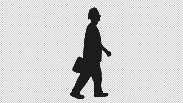 Black and White Silhouette of Mid Adult Man Walking with Suitcase, Alpha Channel alt