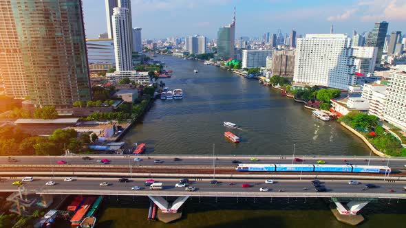 Aerial view over Bangkok city and Chao phraya river