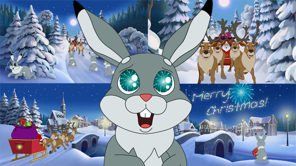 Christmas Animated Card With Hares And Santa Claus