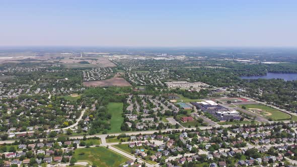 Aerial Flight Over the Houses of the City in America. Settlement in North America. Wonderful