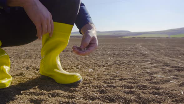 The farmer is planting seeds in the field.