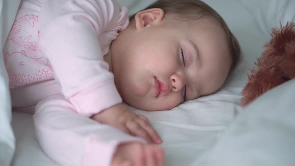 Authentic Portrait Cute Caucasian Little Infant Chubby Baby Girl or Boy in Pink Sleep with Teddy