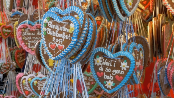 Traditional Colorful Gingerbread Heart Shaped at the Oktoberfest Festival, Bavaria, Germany