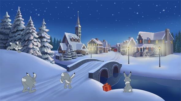 Christmas Animated Card With Hares And Santa Claus in Town