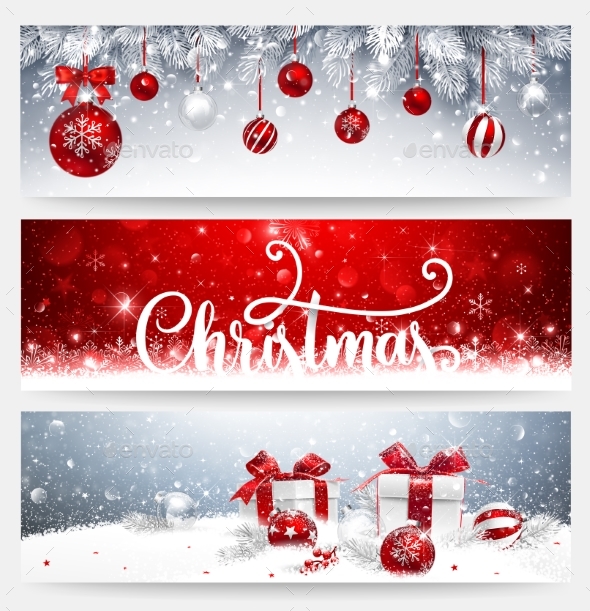 Christmas Banners Set with Balls and Gifts