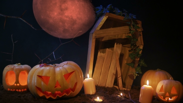 Halloween Cemetery , Blood Moon and Jack-o-lantern