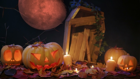 Halloween Cemetery, Blood Moon and Jack-o-lantern
