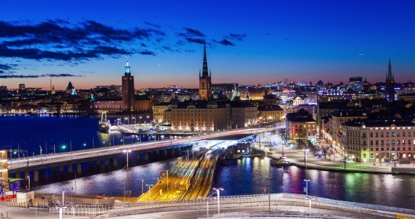 Stockholm Old City Sunset Panorama  Night Traffic