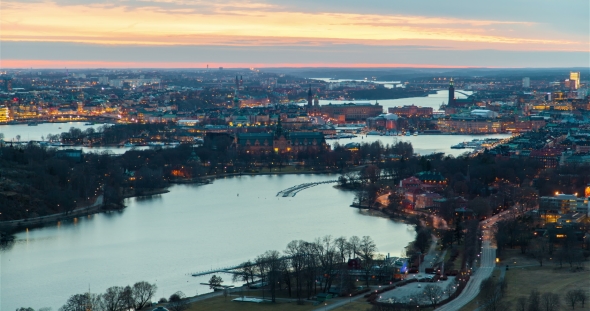 Scenic Old City Architecture Sunset Panorama of Stockholm, Sweden