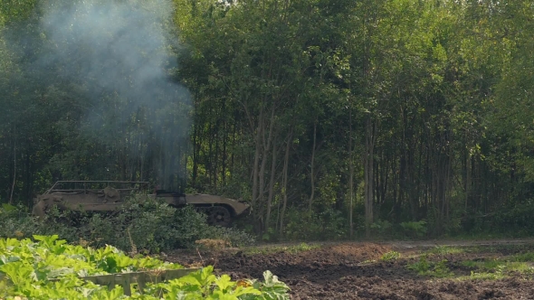 Military Tank Breaks Down Green Trees To Build Road in Forest for Fight Enemy