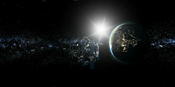 Astronaut and International Space Station Orbiting Earth in Virtual Reality alt