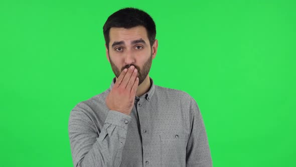 Portrait of Brunette Guy Is Smiling and Showing Heart with Fingers Then Blowing Kiss. Green Screen