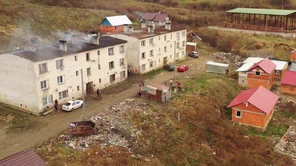 Aerial view of a Roma settlement in the village of Lomnicka in Slovakia