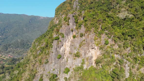 Aerial: drone flying over natural rainforest green jungle populating steep valle