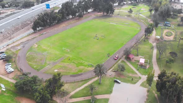 Football Soccer field (La Serena city, Chile) aerial view, drone footage