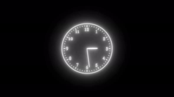 White Neon Light Analog Clock Isolated Animated On Black Background