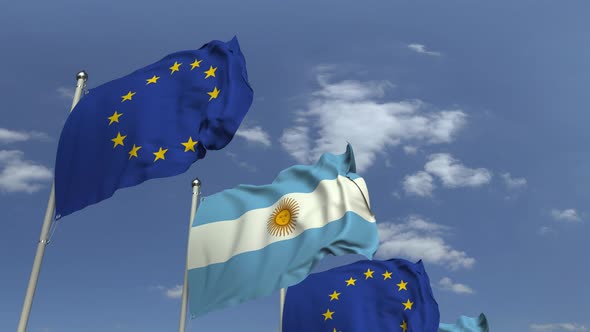 Row of Waving Flags of Argentina and the EU