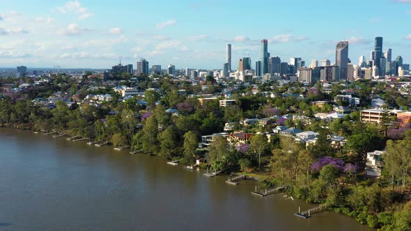 Aerial view of Houses along the Brisbane River, Brisbane.