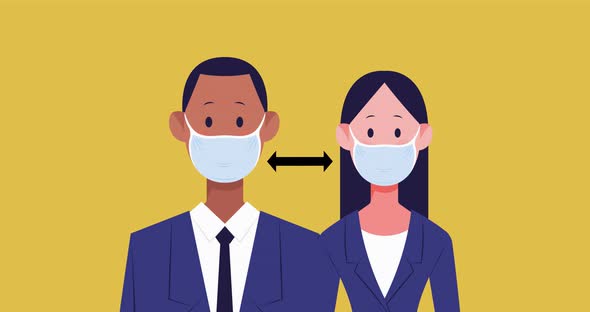 Businessman and businesswoman wearing mask icons maintaining social distance against yellow backgrou alt
