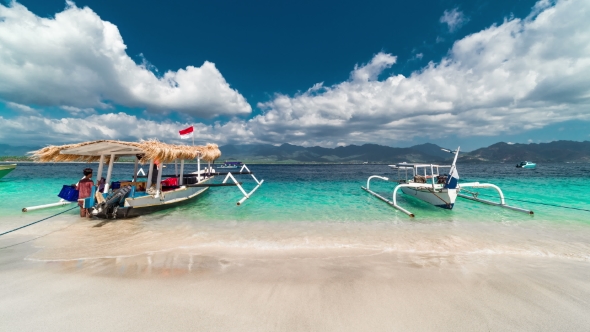 Traditional Boats on Gili Island Beach in Indonesia