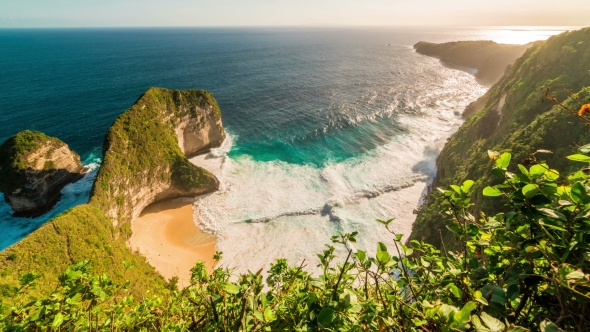 Aerial View of Paluang Cliff and Coastline Klingking Beach on Nusa Penida, Indonesia