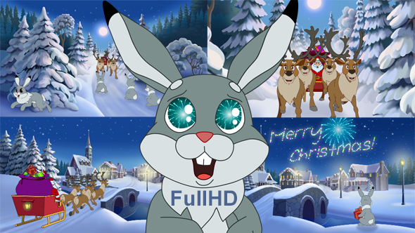 Christmas Animated Card With Hares And Santa Claus alt