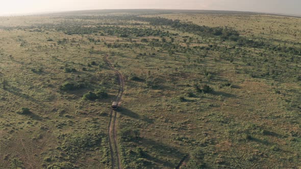 Driving on a wildlife safari holiday in Kenya, Africa. Aerial drone view