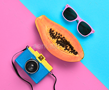 y. Hot Summer Vibes. Trendy fashion Accessories Set. Minimal Style. Retro Design camera. Orange papaya on Pink
