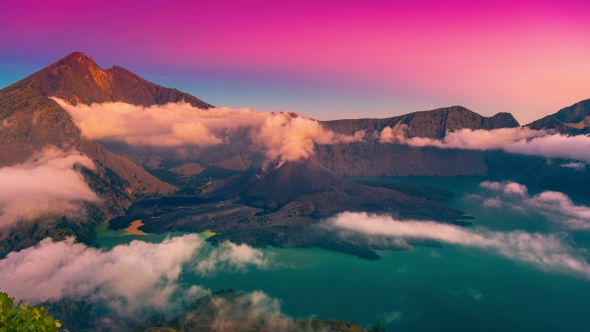 Sunset Over the Crater of the Volcano Rinjani in Lombok, Indonesia
