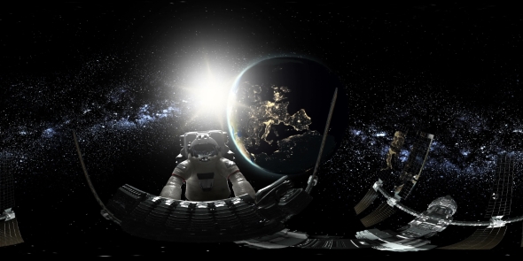 Astronaut and International Space Station Orbiting Earth in Virtual Reality alt