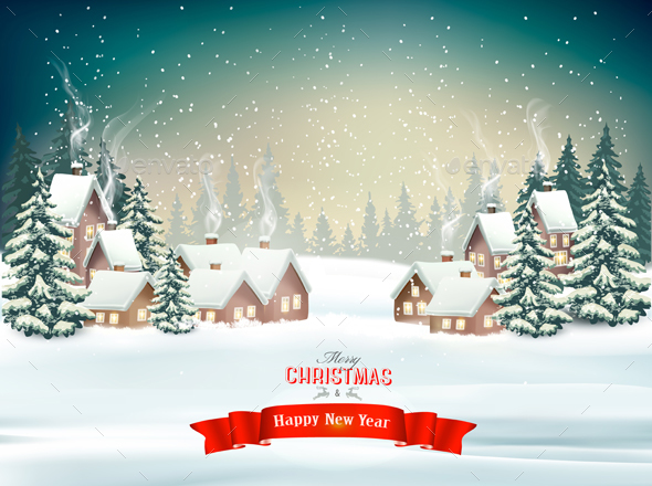 Christmas Holiday Background With a Snowy Village Scene
