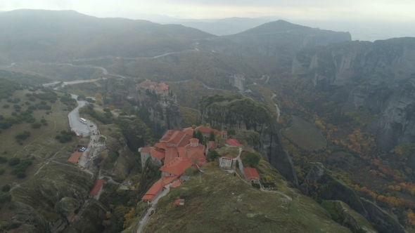 Aerial View of the Meteora Rocky Landscape and Monasteries in Greece.