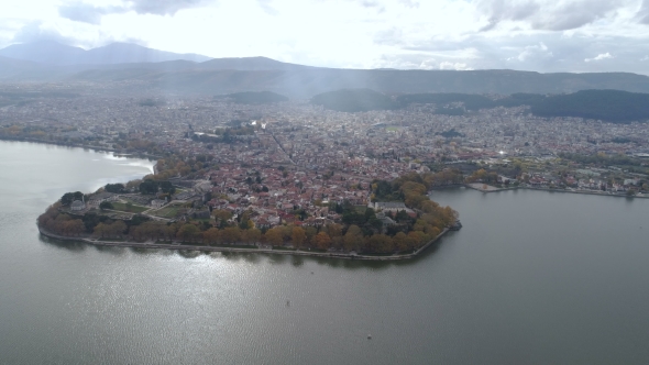 Aerial View of Lake and City Ioannina Greece