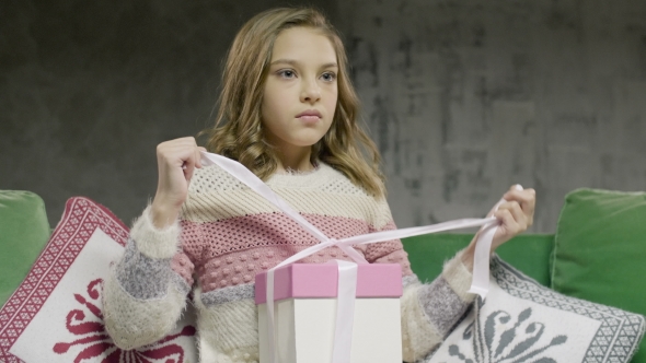 Unhappy Sad Teenage Girl Sitting Open Gift Box